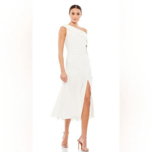 Ieena for Mac Duggal,Ruched Off The  Shoulder Midi Dress,White/Ivory, Size 6,NWT